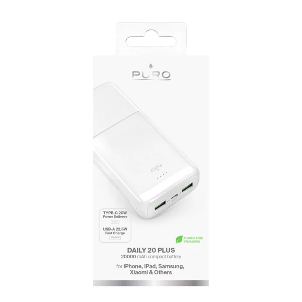 Powerbank Puro DAILY 20 PLUS 20000mAh 2x USB-A / 1x USB-C 22.5W PD AFC - whiteeng