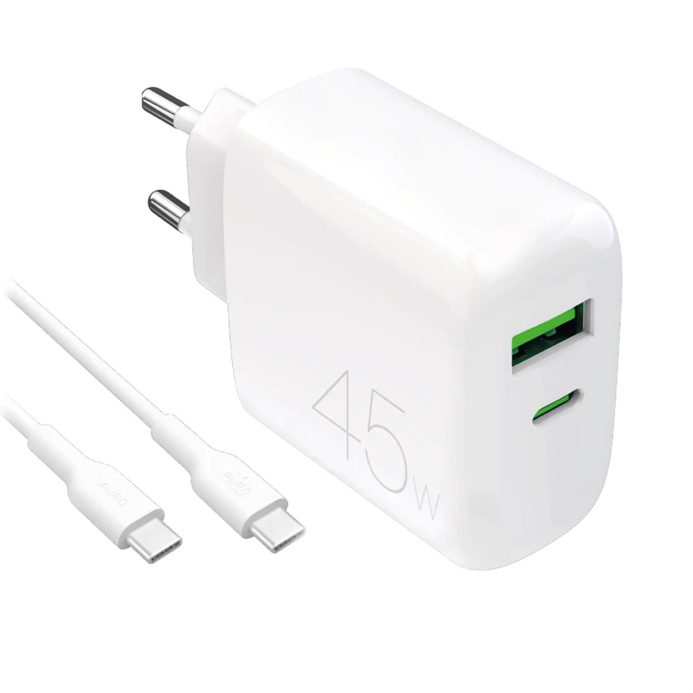 Puro Daily Prolite 45W USB-C USB-A Power Delivery Charger with USB-C Cable - Whiteeng