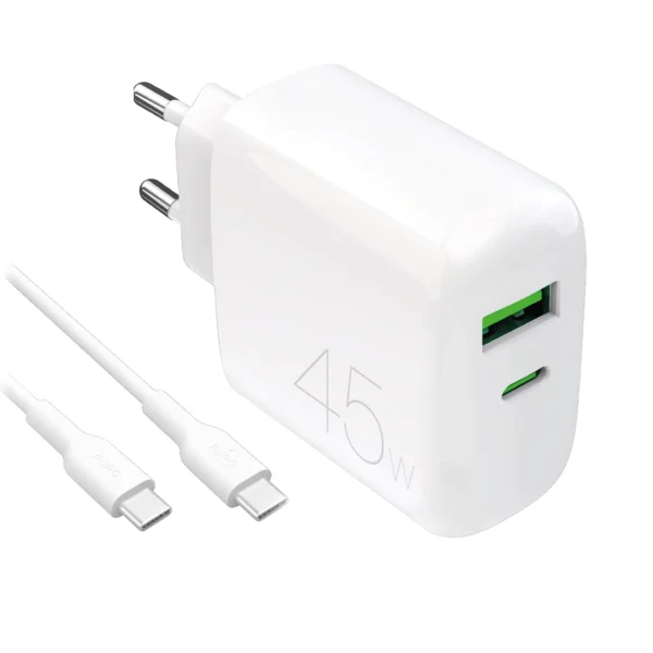Puro Daily Prolite 45W USB-C USB-A Power Delivery Charger with USB-C Cable - Whiteeng