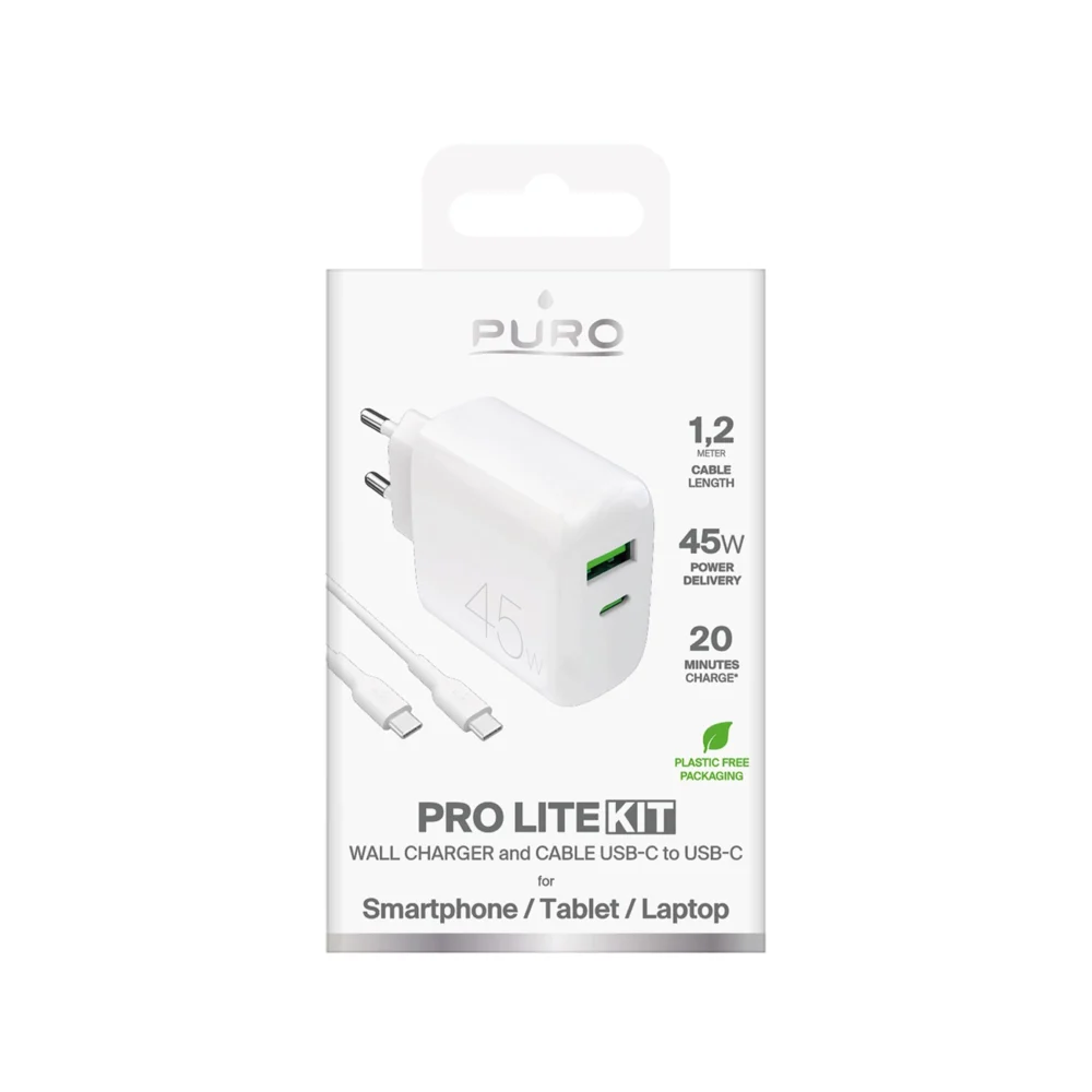 Puro Daily Prolite 45W USB-C USB-A Power Delivery Charger with USB-C Cable - Whiteeng