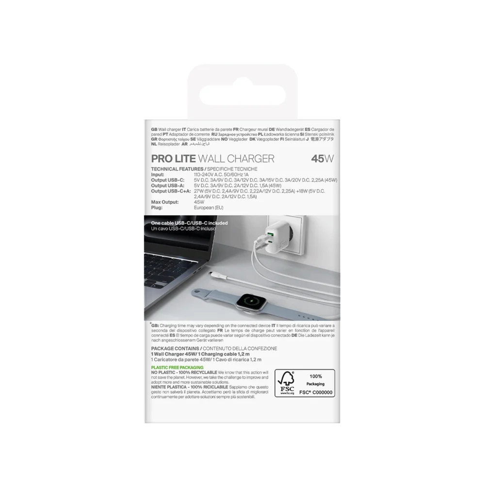 Puro Daily Prolite 45W USB-C USB-A Power Delivery Charger with USB-C Cable - Whiteeng