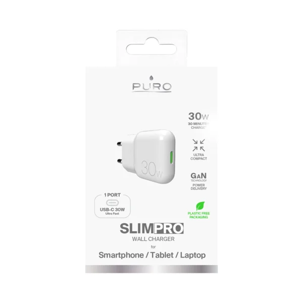 GaN Puro SLIMPRO 30W USB-C Wall Charger - Whiteeng