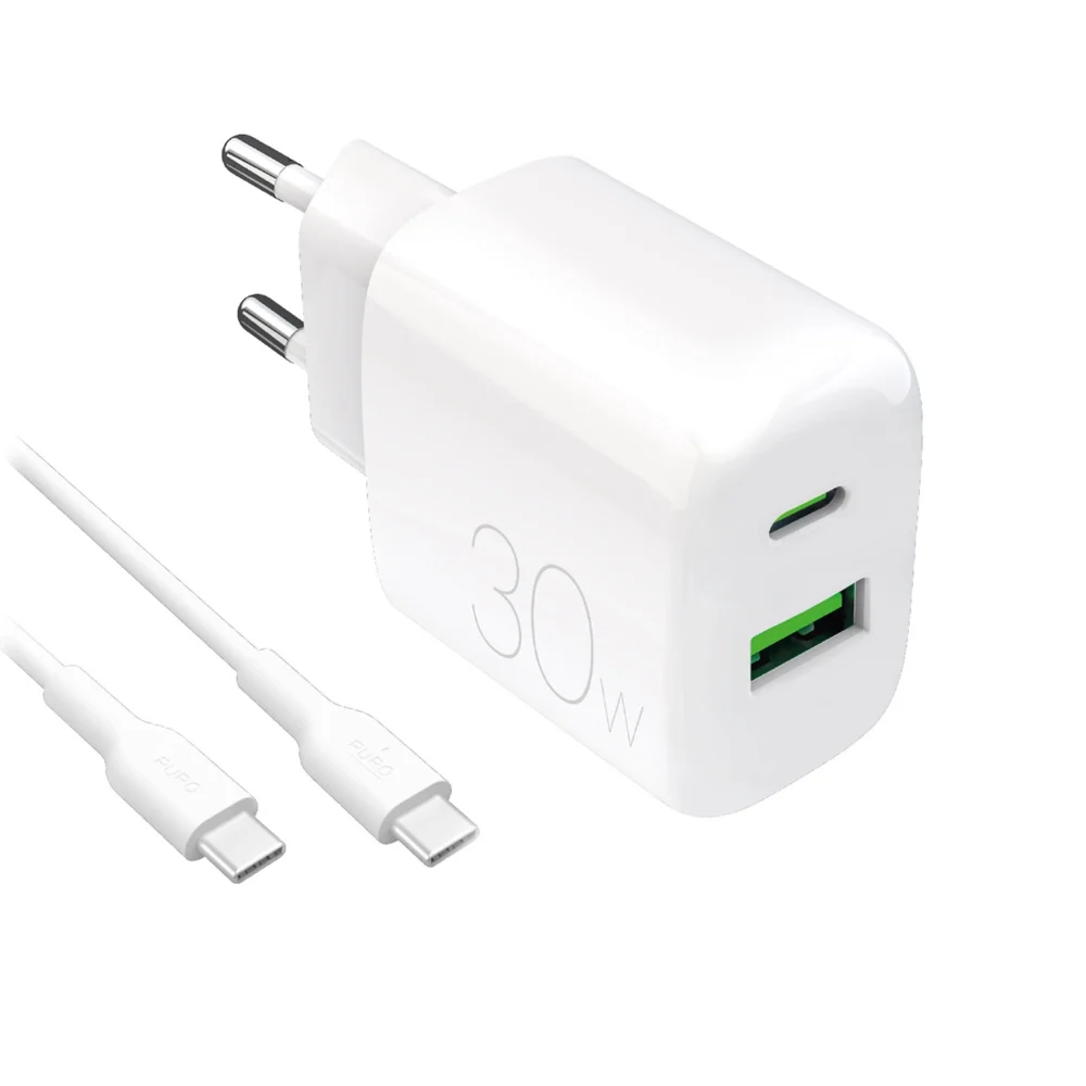 Puro PROLITE 30W USB-A / USB-C wall charger + USB-C - USB-C cable 1.2m - whiteeng