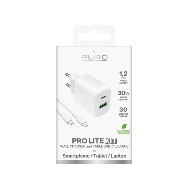 Puro PROLITE 30W USB-A / USB-C wall charger + USB-C - USB-C cable 1.2m - whiteeng
