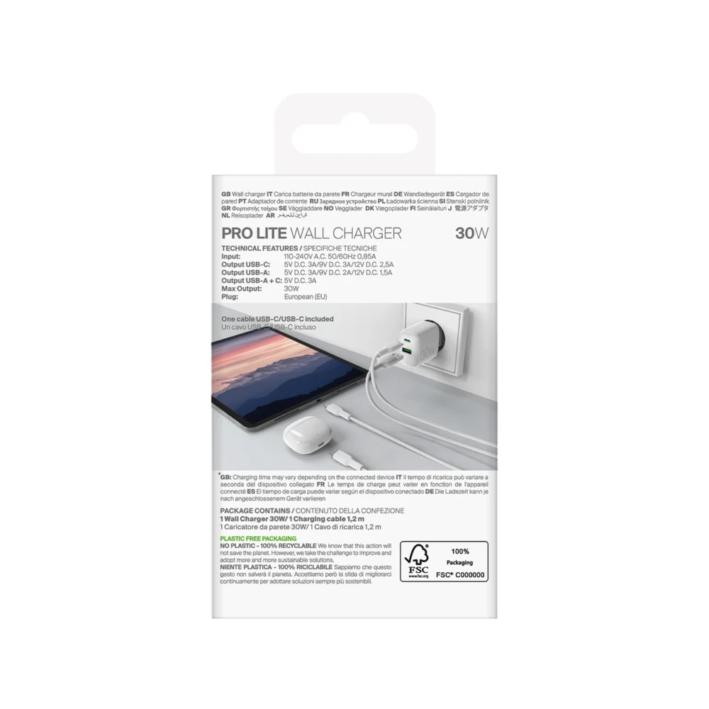Puro PROLITE 30W USB-A / USB-C wall charger + USB-C - USB-C cable 1.2m - whiteeng