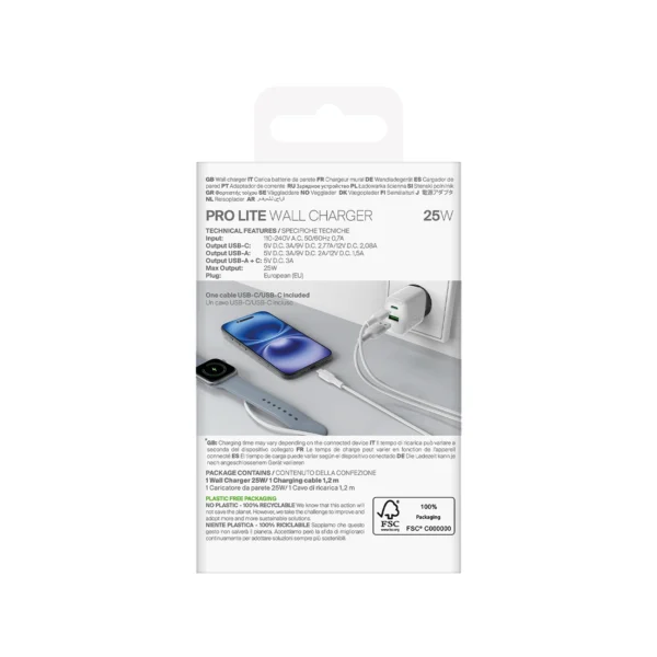 Puro PROLITE 25W USB-A / USB-C wall charger + USB-C - USB-C cable 1.2m - whiteeng