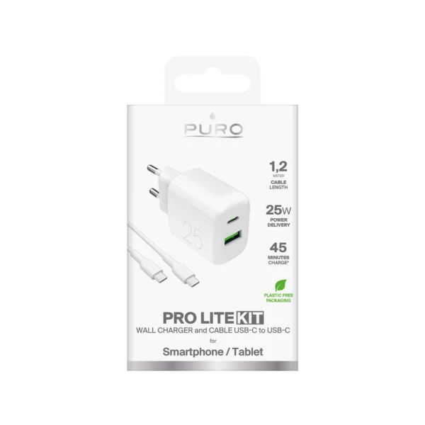 Puro PROLITE 25W USB-A / USB-C wall charger + USB-C - USB-C cable 1.2m - whiteeng