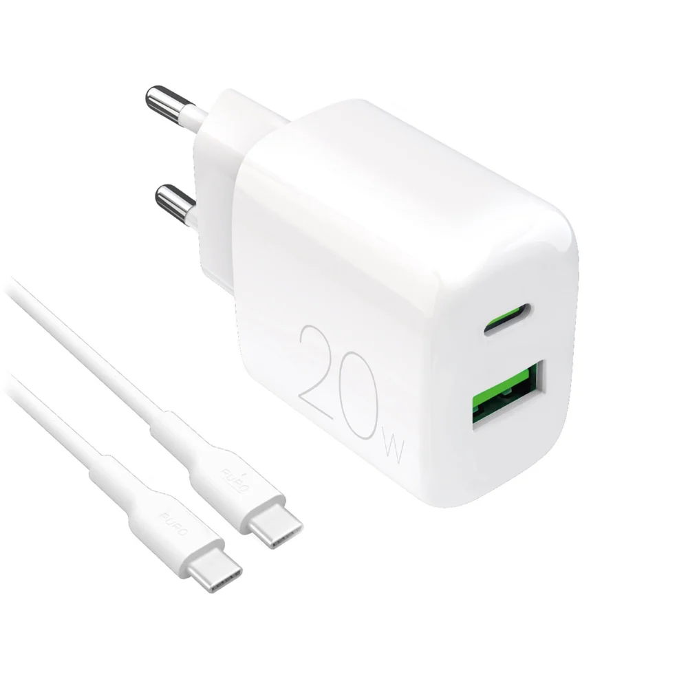 Puro PROLITE 20W USB-A / USB-C wall charger + USB-C - USB-C cable 1.2m - whiteeng