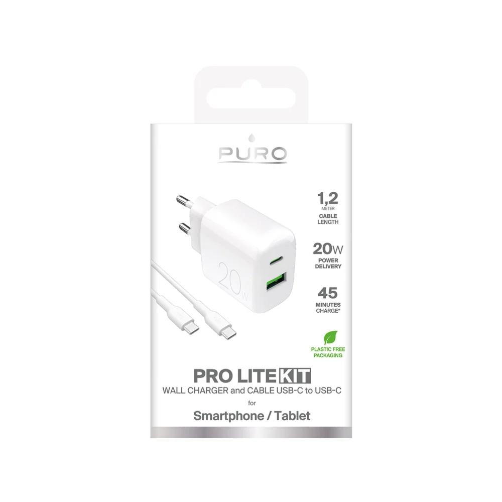 Puro PROLITE 20W USB-A / USB-C wall charger + USB-C - USB-C cable 1.2m - whiteeng