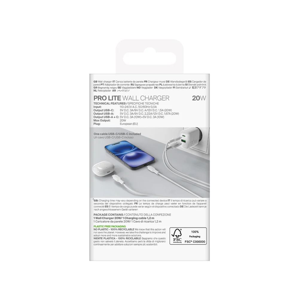 Puro PROLITE 20W USB-A / USB-C wall charger + USB-C - USB-C cable 1.2m - whiteeng