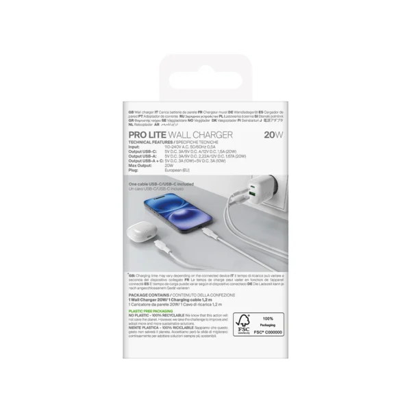 Puro PROLITE 20W USB-A / USB-C wall charger + USB-C - USB-C cable 1.2m - whiteeng