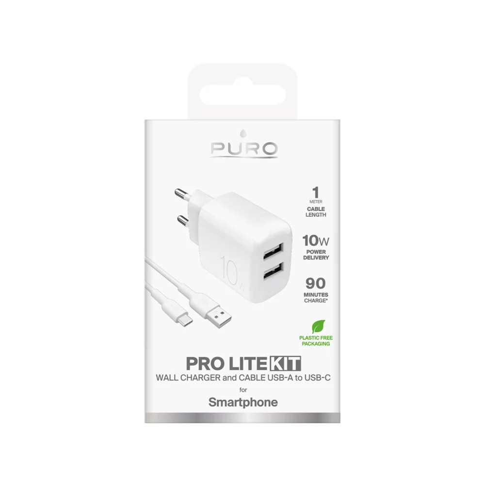 Puro PROLITE 10W 2x USB-A wall charger + USB-A - USB-C cable 1.2m - whiteeng