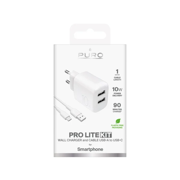 Puro PROLITE 10W 2x USB-A wall charger + USB-A - USB-C cable 1.2m - whiteeng