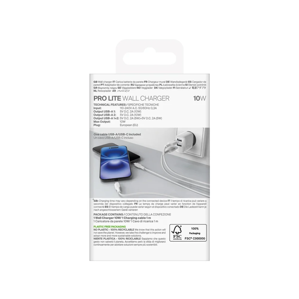 Puro PROLITE 10W 2x USB-A wall charger + USB-A - USB-C cable 1.2m - whiteeng