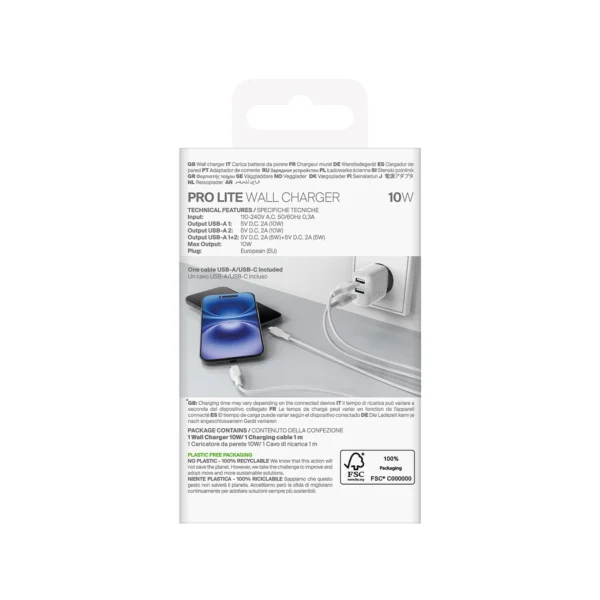 Puro PROLITE 10W 2x USB-A wall charger + USB-A - USB-C cable 1.2m - whiteeng