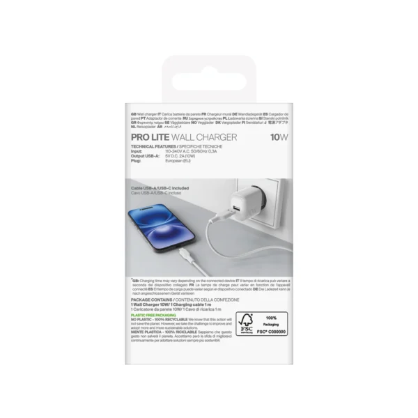 Puro PROLITE 10W USB-A wall charger + USB-A - USB-C cable 1.2m - whiteeng
