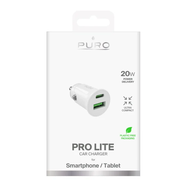 Puro Pro Lite Car Charger 1x USB-A + 1x USB-C Power Delivery 20W - Whiteeng