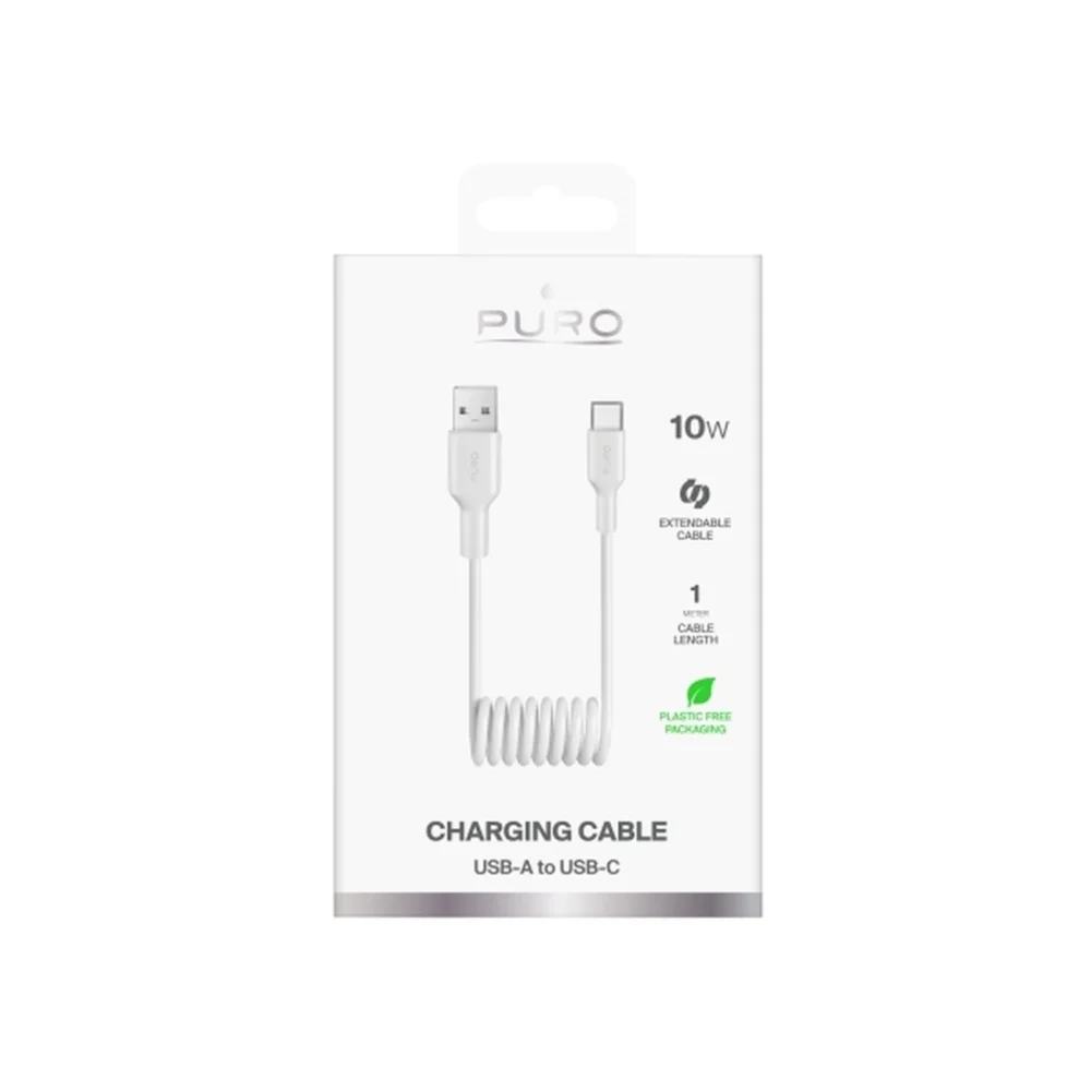 Puro 10W USB-A - USB-C Spiral Cable 1m - Whiteeng