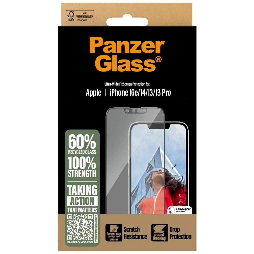 PanzerGlass Ultra-Wide Fit Tempered Glass for iPhone 13 / 13 Pro / 14 / 16e - Cleareng