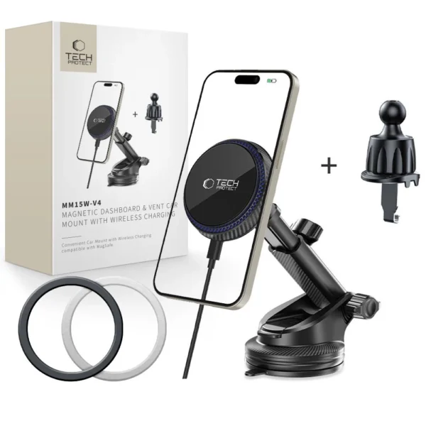 Tech-Protect MM15W-V4 Magnetic MagSafe 15W Car Holder for Cockpit / Windshield / Air Vent - Blackeng