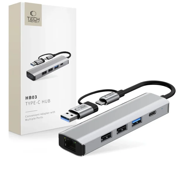 Tech-Protect HB03 HUB Adapter 5in1 USB-C + USB2.0 + USB3.0 + RJ45 - grayeng