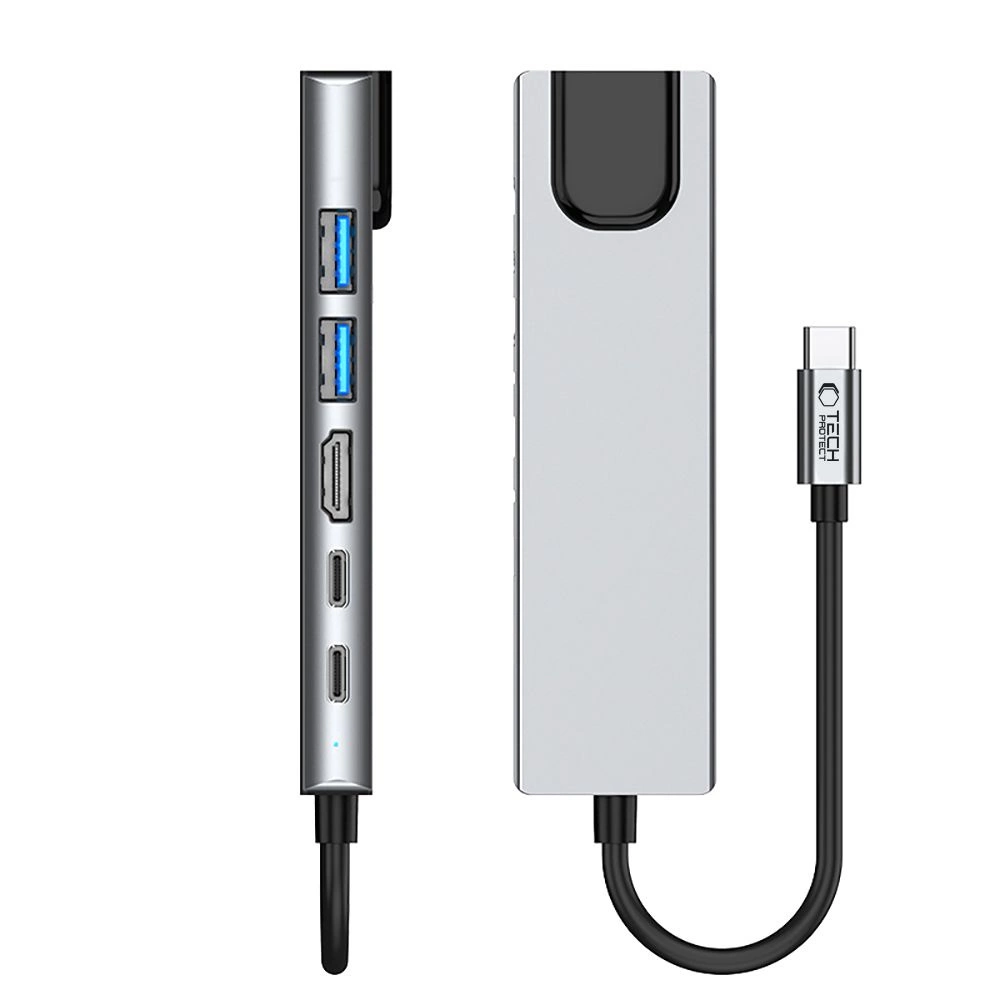 Tech-Protect HB02 HUB Adapter 6in1 USB-C + USB2.0 + USB3.0 + HDMI 4K 30Hz + RJ45 + PD100W - grayeng