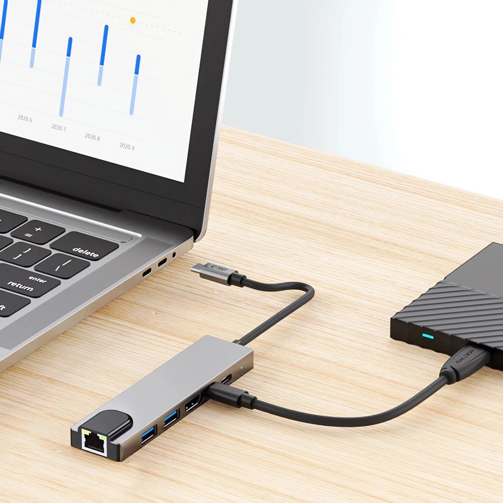 Tech-Protect HB02 HUB Adapter 6in1 USB-C + USB2.0 + USB3.0 + HDMI 4K 30Hz + RJ45 + PD100W - grayeng