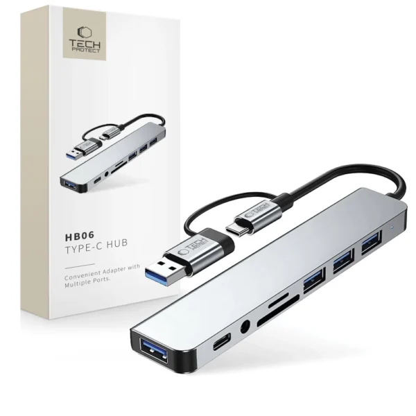 Tech-Protect HB06 HUB Adapter 8in1 TYPE-C + USB2.0 + USB3.0 + SD/TF + AV3.5 - grayeng