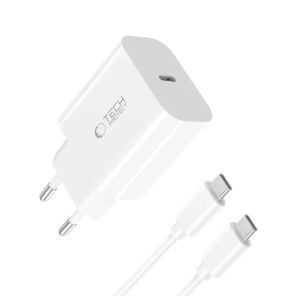 Tech-Protect NC20W PD20W USB-C wall charger with USB-C cable - whiteeng