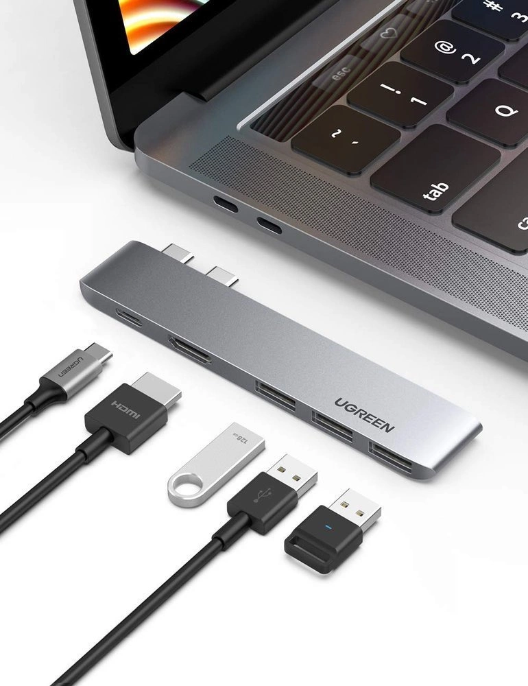 HUB Ugreen 60559 2x USB-C / USB-C PD (Thunderbolt 3, 100W, 4K 60 Hz, 10 Gbps) / HDMI 4K 30 Hz / 3x USB 3.0 for MacBook Pro / Air - Grayeng