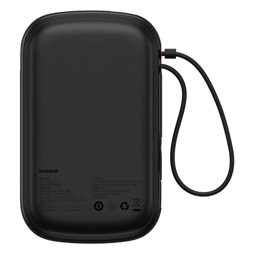 Baseus Qpow Pro+ 20000mAh 22.5W powerbank with built-in USB-C cable and display - blackeng