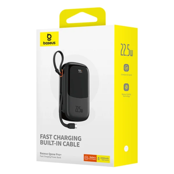 Baseus Qpow Pro+ 20000mAh 22.5W powerbank with built-in USB-C cable and display - blackeng
