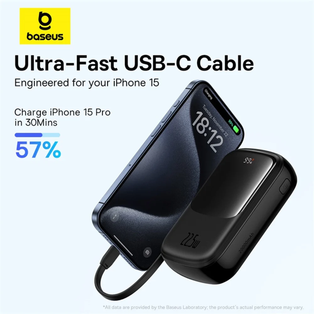 Baseus Qpow Pro+ 20000mAh 22.5W powerbank with built-in USB-C cable and display - blackeng
