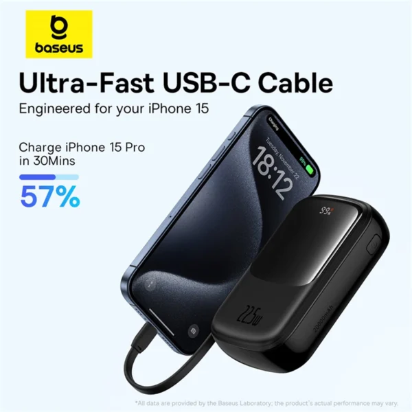 Baseus Qpow Pro+ 20000mAh 22.5W powerbank with built-in USB-C cable and display - blackeng