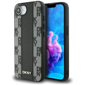 DKNY Leather Checkered Mono Pattern MagSafe iPhone 16e Case - Blackeng