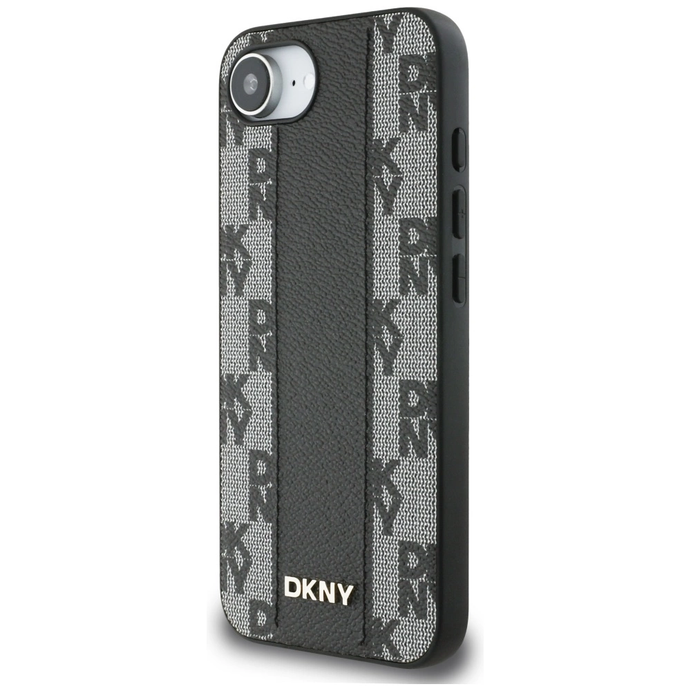 DKNY Leather Checkered Mono Pattern MagSafe iPhone 16e Case - Blackeng