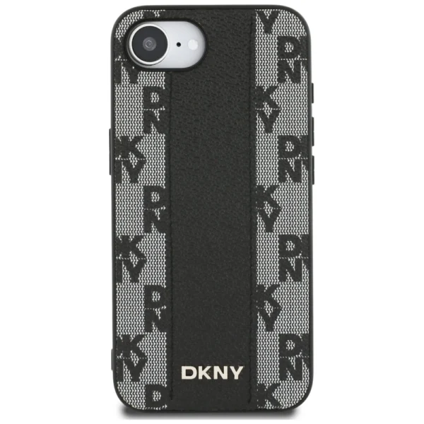 DKNY Leather Checkered Mono Pattern MagSafe iPhone 16e Case - Blackeng
