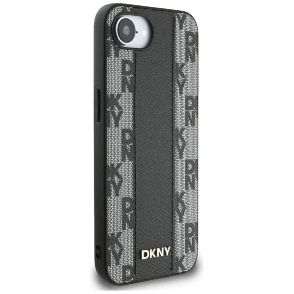 DKNY Leather Checkered Mono Pattern MagSafe iPhone 16e Case - Blackeng