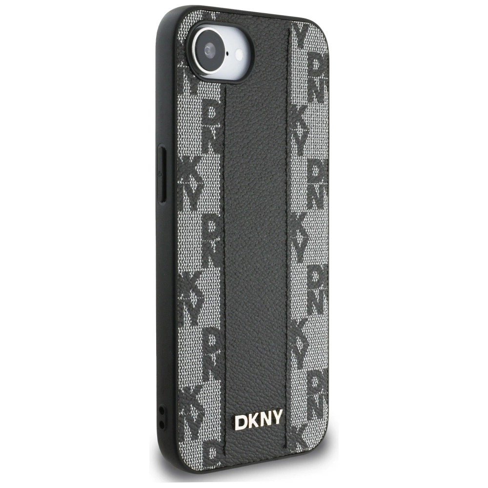 DKNY Leather Checkered Mono Pattern MagSafe iPhone 16e Case - Blackeng