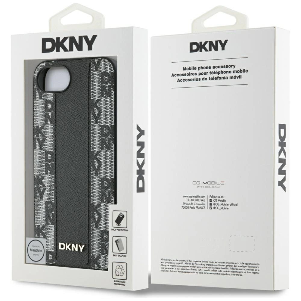 DKNY Leather Checkered Mono Pattern MagSafe iPhone 16e Case - Blackeng