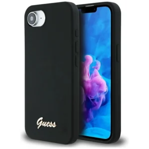 Guess Silicone Script Metal Logo MagSafe iPhone 16e Case - Blackeng