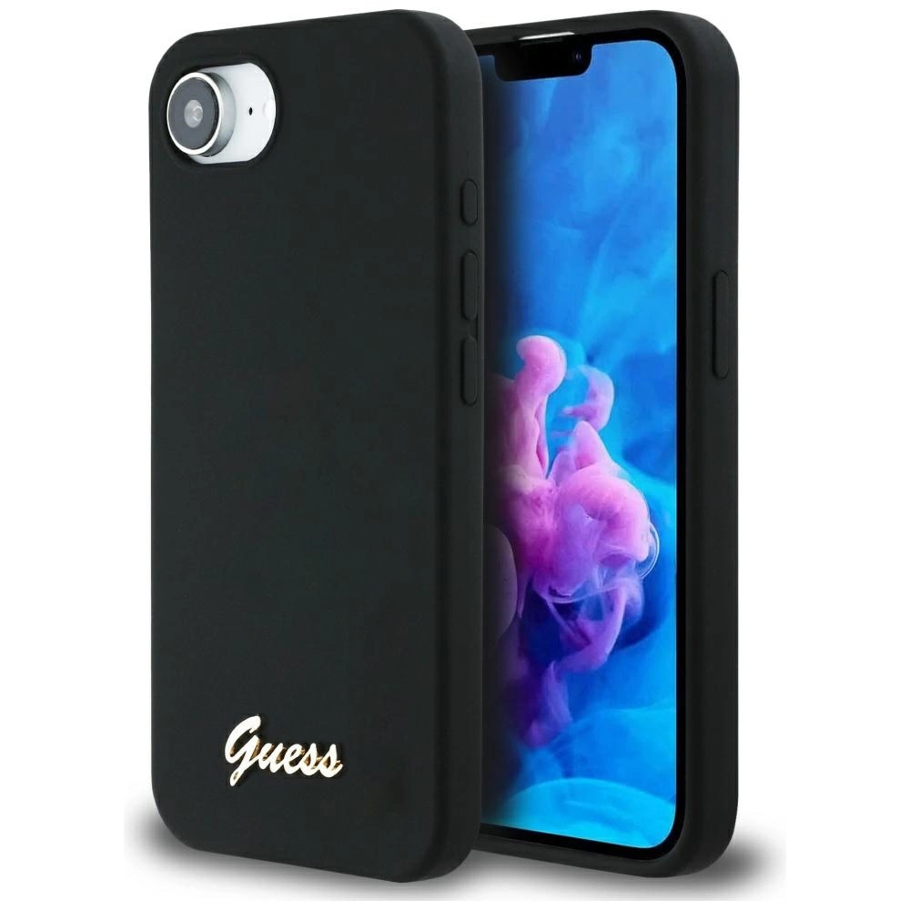Guess Silicone Script Metal Logo MagSafe iPhone 16e Case - Blackeng