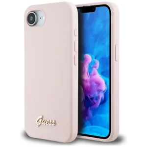 Guess Silicone Script Metal Logo MagSafe iPhone 16e Case - Pinkeng