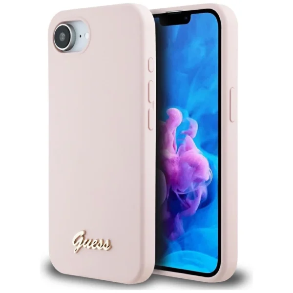 Guess Silicone Script Metal Logo MagSafe iPhone 16e Case - Pinkeng