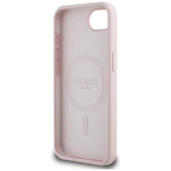 Guess Silicone Script Metal Logo MagSafe iPhone 16e Case - Pinkeng