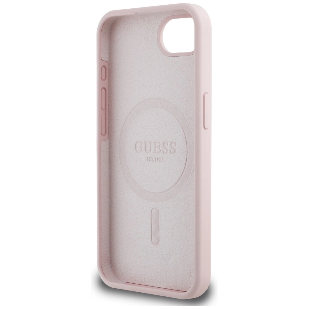 Guess Silicone Script Metal Logo MagSafe iPhone 16e Case - Pinkeng