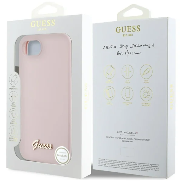 Guess Silicone Script Metal Logo MagSafe iPhone 16e Case - Pinkeng