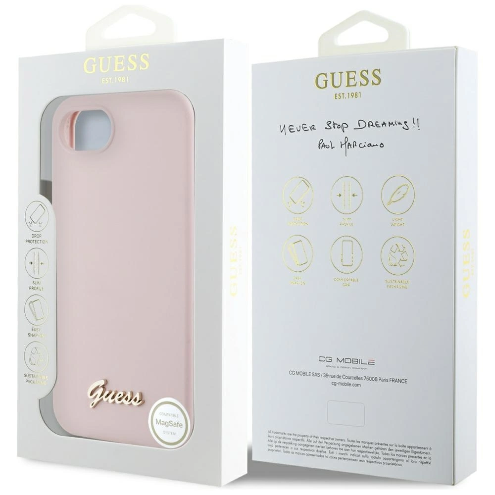 Guess Silicone Script Metal Logo MagSafe iPhone 16e Case - Pinkeng