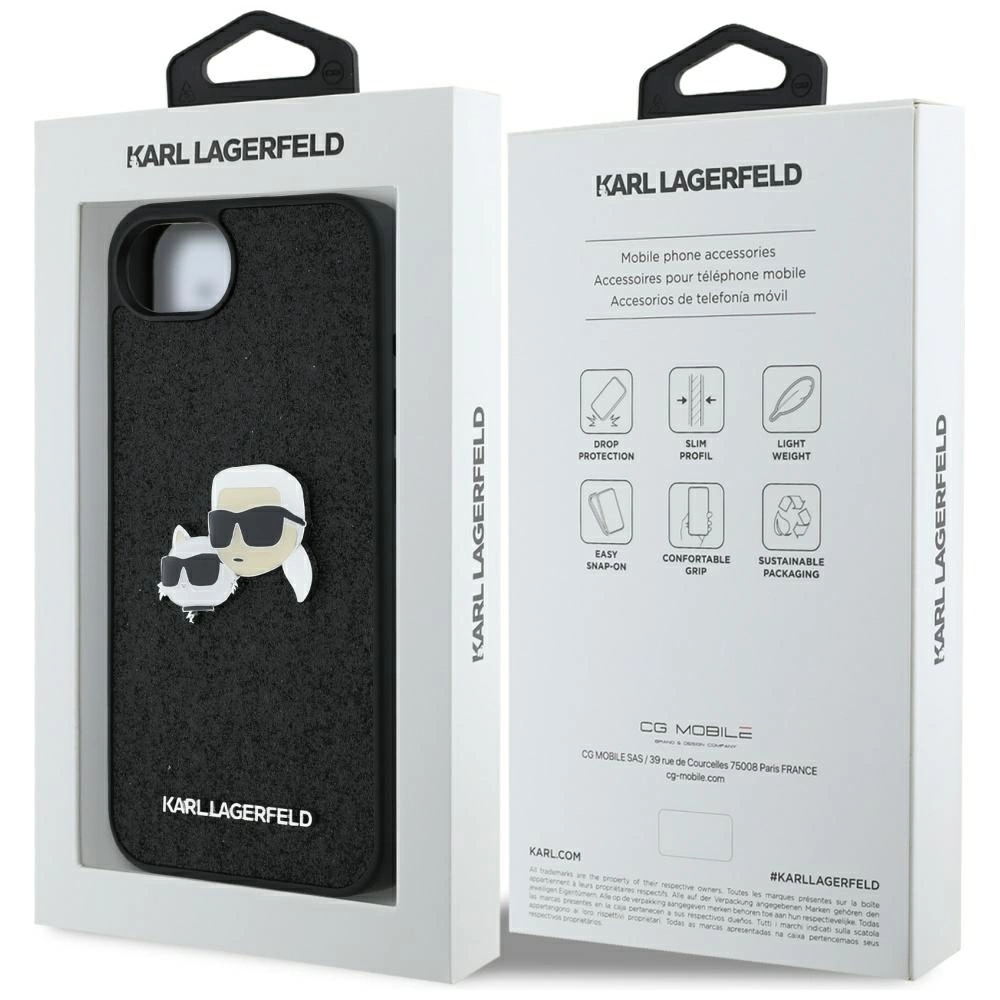 Karl Lagerfeld Fixed Glitter Karl&Choupette Heads Metal Pin iPhone 16e Case - Blackeng