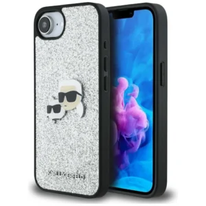 Karl Lagerfeld Fixed Glitter Ikonik Metal Pin case for iPhone 16e - silvereng